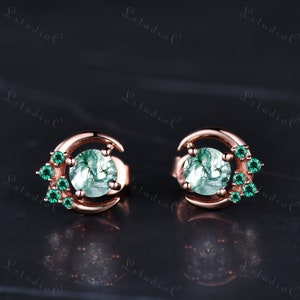 Art Deco Round Cut Moss Agate Earrings Rose Gold Cluster Emerald Moon Stud Earrings Women Promise Anniversary Gift for Her Nature Inspired