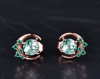 Art Deco Round Cut Moss Agate Earrings Rose Gold Cluster Emerald Moon Stud Earrings Women Promise Anniversary Gift for Her Nature Inspired