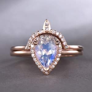 Pear Rainbow Moonstone Engagement Ring Set 14k Rose Gold Sterling Silver CZ Diamond Halo Art Deco Wedding Ring Set Promise Anniversary 2pcs