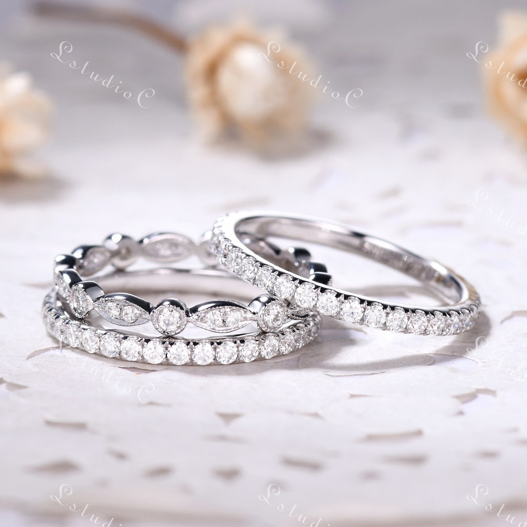 3pcs Moissanite Wedding Ring Band Set 14k White Gold Full Eternity Thin ...