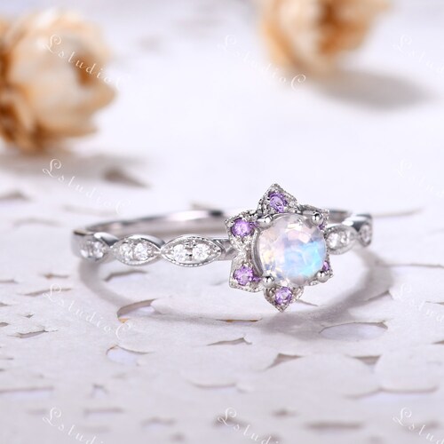 Vintage Rainbow Moonstone Engagement Ring Unique Blue Moonstone Wedding Ring Amethyst Ring shops Women Art Deco Bridal Ring Antique Floral Ring