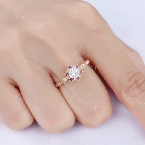 Dainty Moissanite Amethyst Engagement Ring White Moissanite Halo Wedding Ring CZ Diamond Vintage Women Statement deals Bridal Anniversary Gift