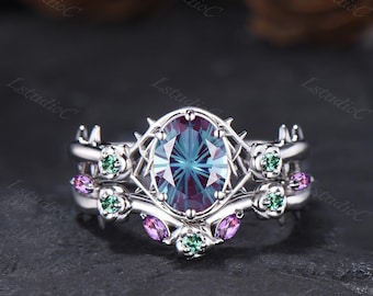 Gothic Thorn Firework Cut Oval Alexandrite Engagement Ring Set Silver White Gold Rose Floral Amethyst Emerald Nature Inspired Fantasy Ring