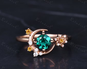 Antique Round Cut Emerald Moon Engagement Ring Solid 14k Rose Gold Art Deco Star Citrine Ring Birthstone Ring Cluster Moissanite Ring Gift