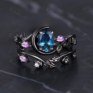 Vintage Oval London Blue Topaz Amethyst Black Gold Ring Set Art Deco Leaf Engagement Ring Set Unique Crescent Moon Ring Nature Inspired Ring