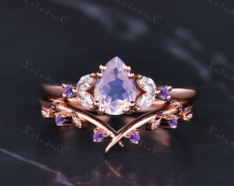 Vintage Pear Shaped Cut Lavender Amethyst Bridal Ring Set 14k Rose Gold Vintage Leaf Wedding Band Marquise Moissanite Promise Ring for Women