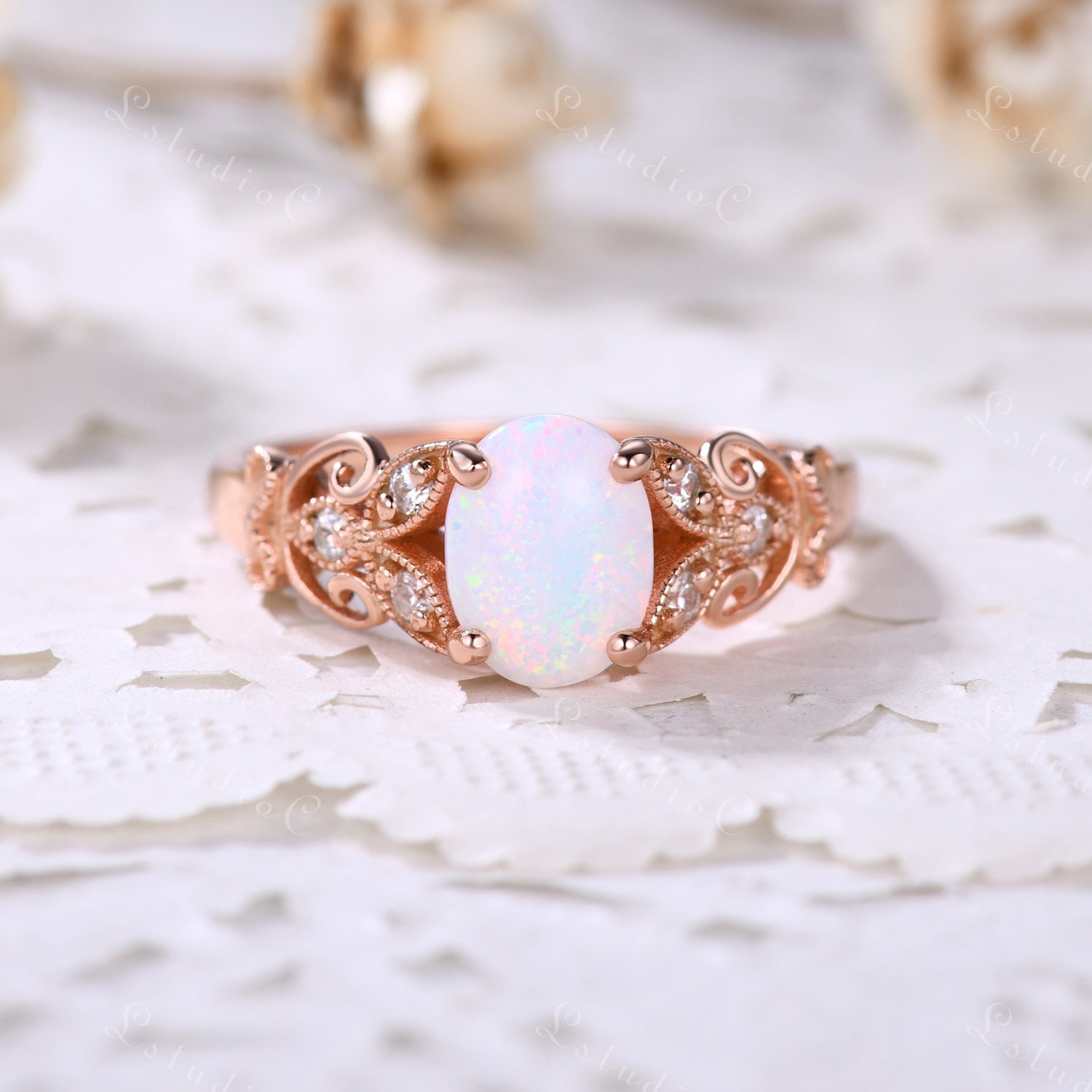 Silver Opal Ring Oval Cut 6x8mm Opal Ring 10k White Gold Ring Half Eternity Wedding Ring Promise Ring Opal Dainty Ring Antique Ring
