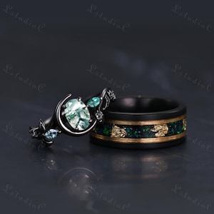 2pcs Moss Agate Couple Ring Set Black Gold Tungsten Ring His and Hers Wedding Band Set Leaf Ring Bridal Set for Men Women Anniversary Gift