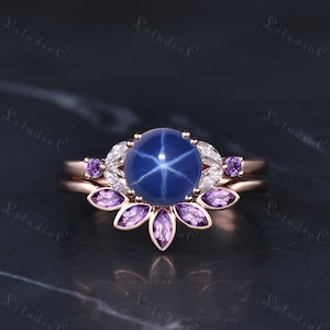 Unique Round Star Sapphire Ring Set Rose Gold Marquise Amethyst Moissanite Wedding Bridal Set Art Deco Promise Anniversary Ring for Women