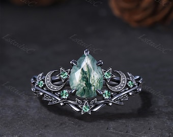 Retro Pear Shaped Cut Moss Agate Gothic Black Gold Ring Set Vintage Emerald Green Gemstones Celestial Star Moon Bridal Set Leaf Twig Ring