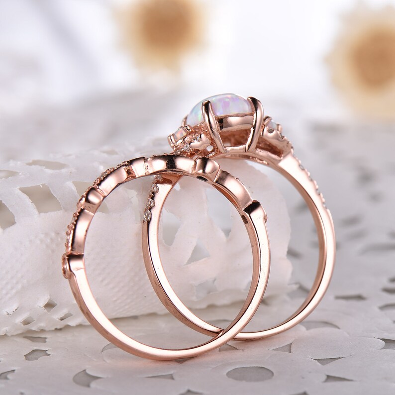 Opal Rose Gold Wedding Engagement Ring Set 14k 925 Sterling | Etsy
