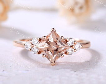 Princess cut Morganite Engagement Ring Rose Gold Morganite Ring Pink Morganite Ring Stackable Ring Dainty Ring Vintage Ring Sterling Silver