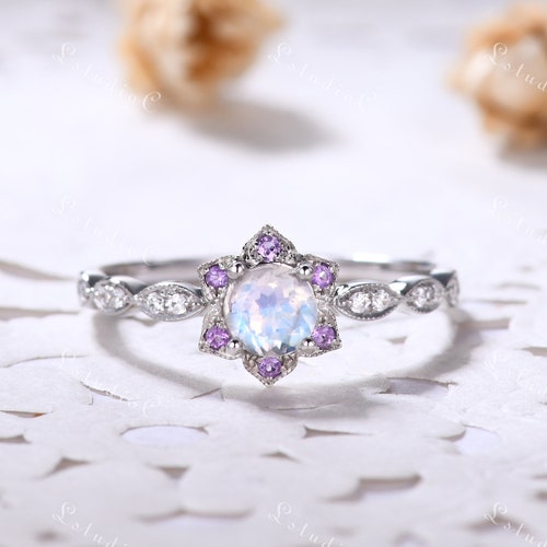 Vintage Rainbow Moonstone Engagement Ring Unique Blue Moonstone Wedding Ring Amethyst Ring shops Women Art Deco Bridal Ring Antique Floral Ring