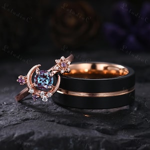 Anillo de boda vintage de alejandrita, estrella y luna, de tungsteno negro para hombre, ideal como regalo de aniversario de boda para él y para ella.