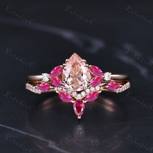 Vintage Pear Morganite Engagement Ring Set 14k Rose Gold Marquise Ruby Moissanite Wedding Bridal Set Art Deco Promise Ring Gift for Women