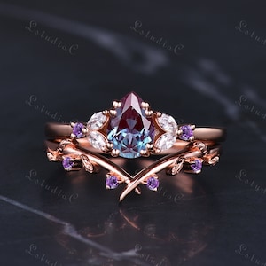 Vintage Pear Shaped Cut Alexandrite Engagement Ring Set Silver Gold Art Deco Amethyst Leaf Wedding Band Marquise Moissanite Ring for Women