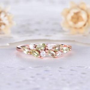 Marquise Shaped Peridot Silver 14k Rose Gold Wedding Ring Band CZ Diamond Dainty Art Deco Women Bridal Engagement Ring Green Gemstone Gift