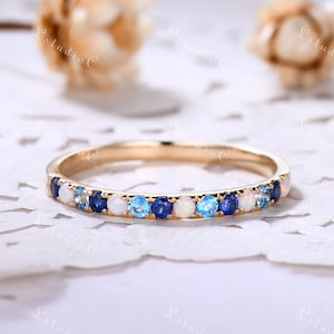 Fire Opal Sapphire Wedding Band Blue Topaz Half Eternity Ring Dainty Opal Stacking Ring Vintage Stackable Ring Women Anniversary Gift