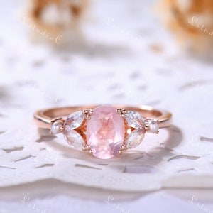 Vintage Oval Rose Quartz Pearl Engagement Ring 14k Rose Gold Marquise Moissanite Ring Nature Inspired Leaf Ring Art Deco Ring for Women