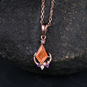 Natural Kite Cut Sunstone Amethyst Necklace Rose Gold Unique Star Moon Moissanite Pendant Women Vintage Anniversary Gift Dainty Gift