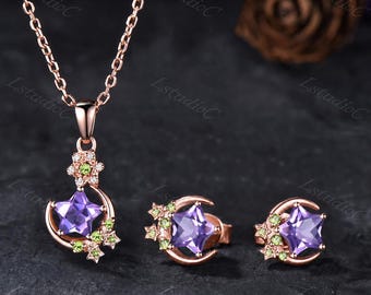 Celestial Star Shaped Cut Amethyst Peridot Necklace Stud Earrings Jewelry Set Rose Gold Purple Green Gemstones Starry Pendant Gift for Her