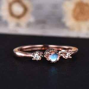 Natürlicher Regenbogen Mondstein Silber 14k Rosegold Verlobungsring CZ Diamant zierliche Eheringe MinimalistIsch Frauen Braut Jahrestag Geschenk