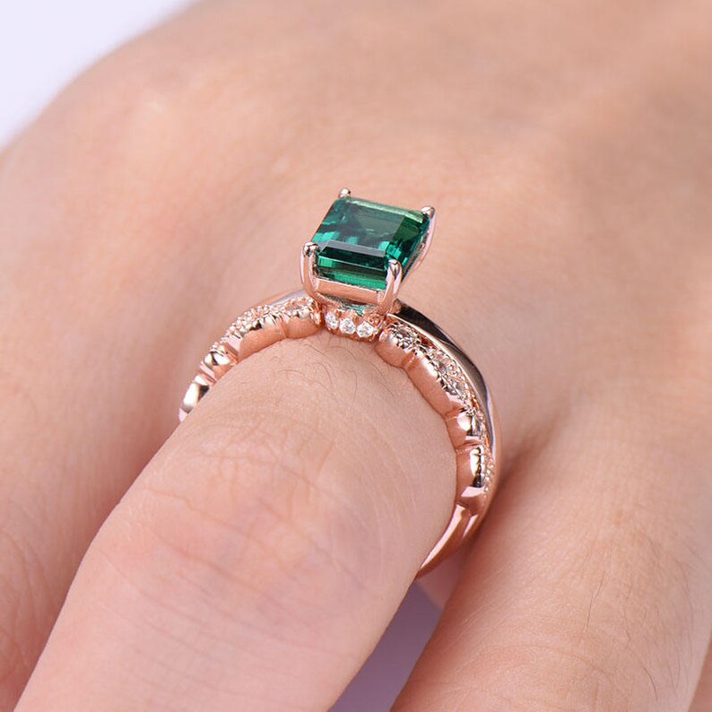 Emerald Wedding Ring Set Rose Gold Solitaire Curved Side in Etsy
