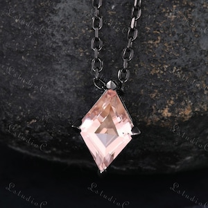 Dainty Rhombus Cut Morganite Pendant Black Gold Minimalist Kite Cut Pink Stone Necklace Engagement Wedding Bridal Anniversary Gift for Women