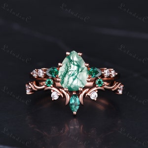Nature Inspired Pear Shaped Cut Moss Agate Ring Set 14k Rose Gold Vintage Green Emerald Engagement Ring Set Moissanite Bridal Set Twig Ring