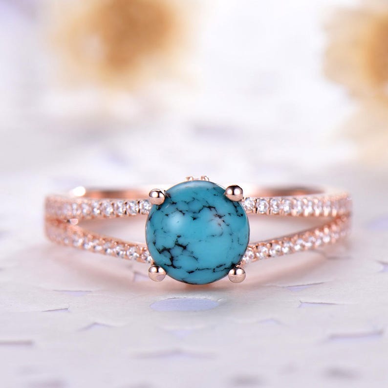 Black Blue Turquoise Engagement Ring 14k 18k Rose Gold CZ Diamond Split Shank Wedding Band 925 Sterling Silver Solitaire Bridal Anniversary