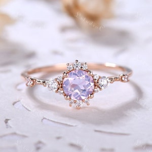 Dainty Round Lavender Amethyst Engagement Ring 14k Rose Gold Moissanite Diamond Purple Birthstone Ring Promise Anniversary Ring for Women