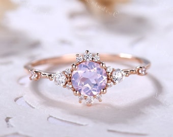 Dainty Round Lavender Amethyst Engagement Ring 14k Rose Gold Moissanite Diamond Purple Birthstone Ring Promise Anniversary Ring for Women
