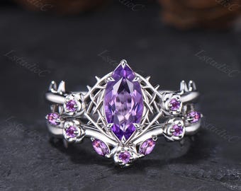 Vintage Marquise Cut Amethyst Gothic Engagement Ring Set Sterling Silver Floral Rose Thorn Purple Gemstones February Birthday Bridal Jewelry