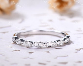 White Gold Moissanite Wedding Band Marquise Moissanite Ring Women Wedding Band Stackable Ring Promise Ring Anniversary Gift Sterling Silver