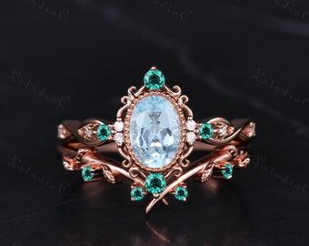 Antique Oval Aquamarine Bezel Engagement Ring Set Vintage Emerald Leaf Stacking Ring Filigree March Birthstone Wedding Bridal Set Women Gift