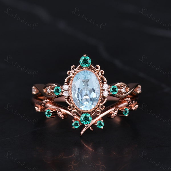 Antique Oval Aquamarine Bezel Engagement Ring Set Vintage Emerald Leaf Stacking Ring Filigree March Birthstone Wedding Bridal Set Women Gift