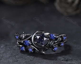 Star Shape Cut Blue Sandstone Engagement Ring Set Black Gold Sapphire Celestial Leaf Ring Nature Inspired Stars Ring Crescent Moon Ring