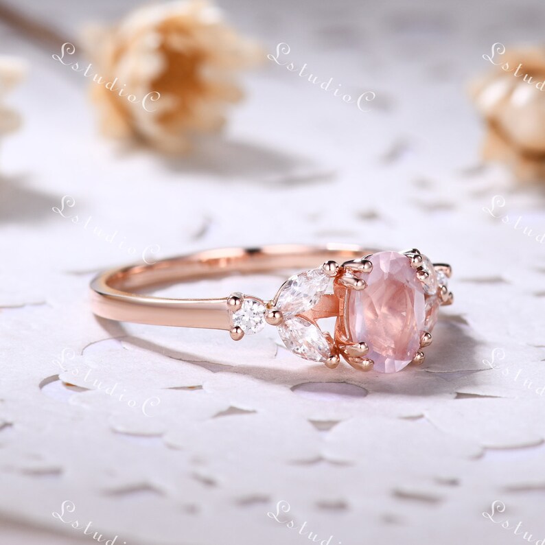 Vintage Oval Rose Quartz Engagement Ring 14k Rose Gold Etsy