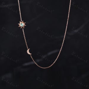 Sonne und Mond Moos Achat Halskette Einzigartige Mond Halbmond Halskette Rose Gold Himmlische Halskette Frauen Handgemachte Schmuck Geschenk für Sie