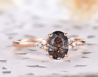 Natural Black Rutilated Quartz Engagement Ring Rose Gold Cluster CZ Diamond 14k Sterling Silver Vintage Bridal Women Anniversary Gift