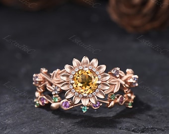 Natural Round Cut Citrine Sunflower Engagement Ring Set Amethyst Emerald Wedding Band Nature Inspired Floral Yellow Gemstone Flower Ring