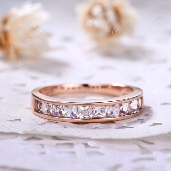 Rainbow Moonstone Wedding Band Princess Cut Moonstone Wedding Ring Eternity  Ring Rose Gold Moonstone Ring Sterling Silver Stackable Ring