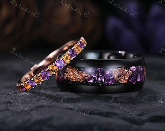 Amethyst Citrine Wedding Ring Set Black Tungsten Amethyst Mens Ring Purple Yellow Gemstone Rings Birthstone Bridal Set for Him and Her