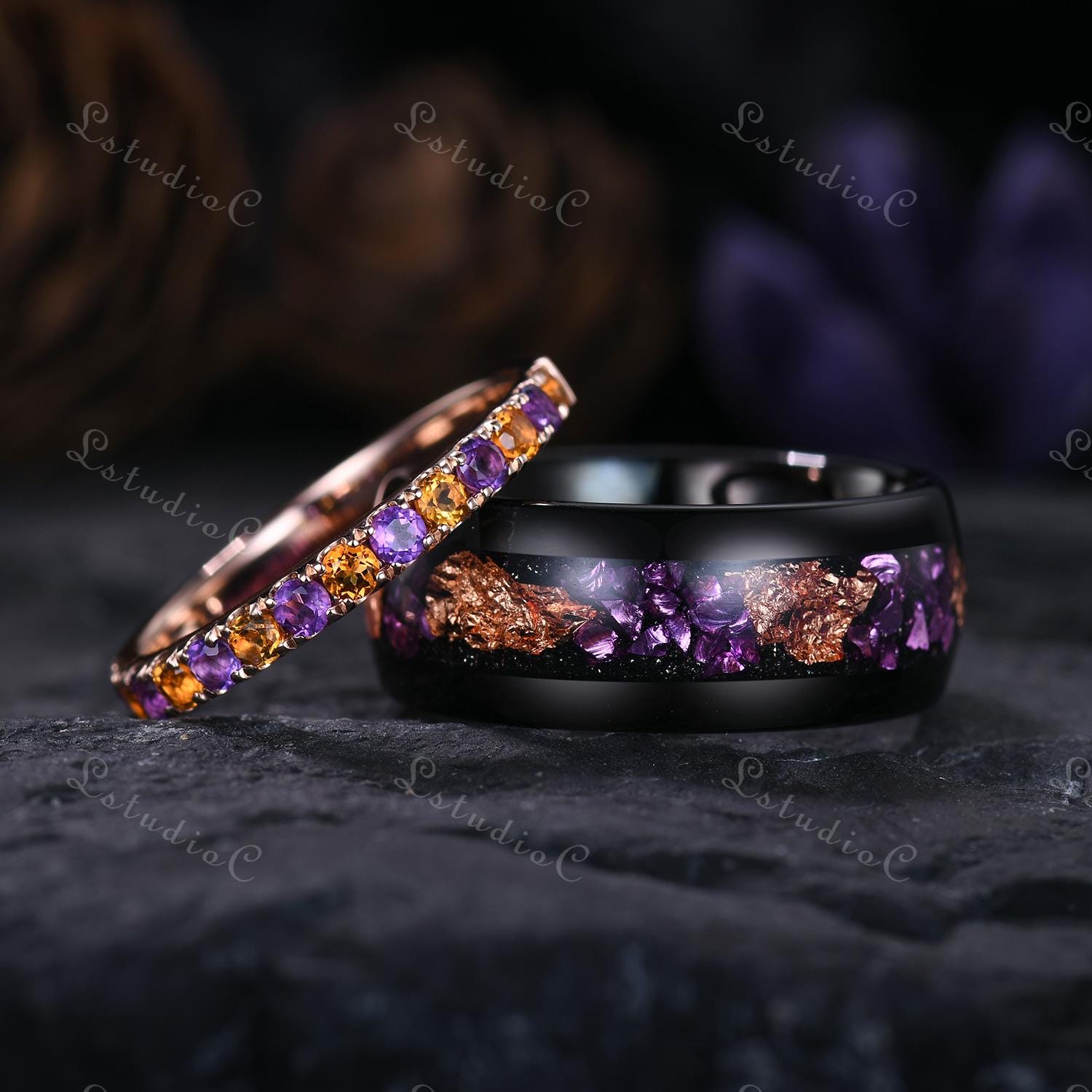 Amethyst Citrine Wedding Ring Set Black Tungsten Amethyst Mens