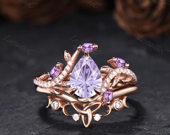 Vintage Pear Cut Firework Cut Lavender Sapphire Leaf Engagement Ring Set Nature Inspired Marquise Amethyst Bridal Set Branch Vine Twig Ring