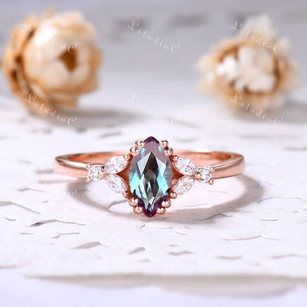 Marquise Alexandrite Engagement Ring Vintage Eva Alexandrite Ring Rose Gold Marquise Moissanite Ring Unique Ring Dainty Ring Sterling Silver