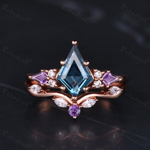 Kite Cut London Blue Topaz Amethyst Engagement Ring Set Rose Gold Marquise Shaped Moissanite Wedding Bridal Set Women Unique Promise Gift