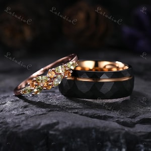 Vintage Peridot Citrine Wedding Ring Set Black Hammered Tungsten Mens Couple Ring Set Green Yellow Gemstone Ring Unique Gift for His and Her