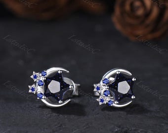 Star Shape Blue Sandstone Sapphire Stud Earrings Silver White Gold Crescent Moon Earrings Unique Blue Stones Earrings Celestial Earrings