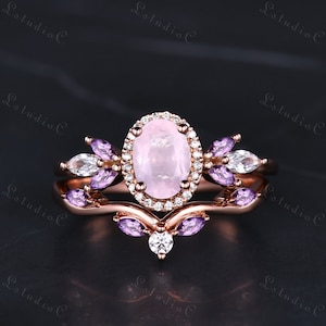 2pcs Oval Cut Rose Quartz Cluster Ring Set 14k Rose Gold Vintage Marquise Amethyst Moissanite Engagement Bridal Set Unique Birthstone Gift